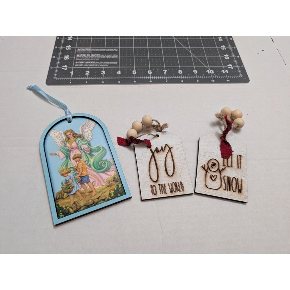 Lasered Wood Christmas Holiday Ornaments Let it Snow Joy Guardian Angel lot 3